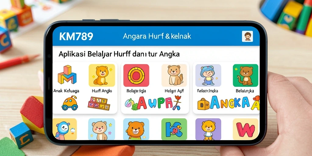 Tampilan antarmuka KM789 untuk belajar huruf dan angka.